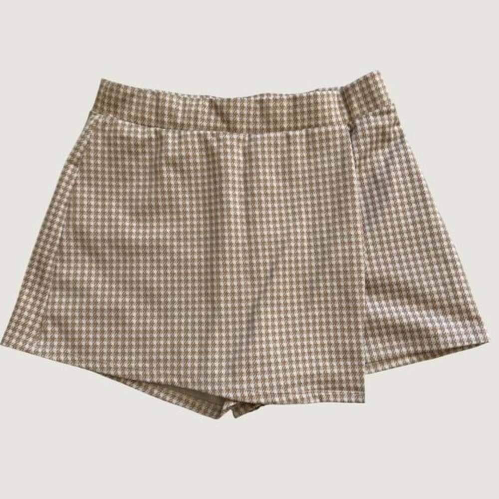 Iris Houndstooth Skort Size L Tan White Plaid Mini Skirt Shorts Stretch Preppy